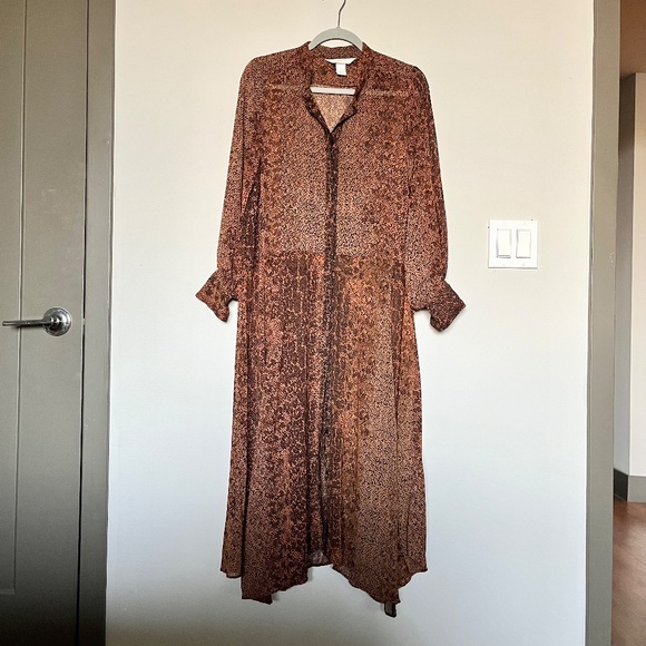 H&M Cuffed Sleeve Button-front Printed Brown Chiffon Midi Dress Sheer Size 6 - Picture 2 of 14